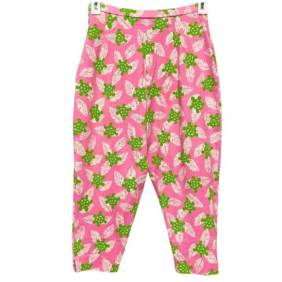 Southern Preppy Retro Pink Green Turtle Print Capri Pants - Picture 4 of 13